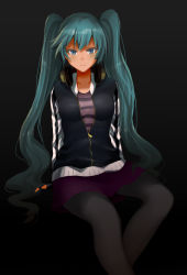 Rule 34 | 1girl, aqua eyes, aqua hair, arm support, black background, breasts, hatsune miku, highres, long hair, makise minami, pantyhose, partially unzipped, shirt, skirt, smile, solo, striped clothes, striped shirt, twintails, vest, vocaloid, zipper