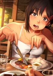 Rule 34 | 1girl, absurdres, bare shoulders, black hair, blush, breasts, chainsaw man, commentary, eating, english commentary, eyelashes, fish, food, food in mouth, fork, fruit, hair ornament, hairclip, higashiyama kobeni, highres, jewelry, khyle., knife, lemon, long hair, looking at viewer, mole, mole under eye, mole under mouth, necklace, open mouth, plate, pov, pov dating, pov hands, marriage proposal, rice, ring, shirt, short ponytail, simple background, sleeveless, solo, surprised, sweat, nervous sweating, tank top, wedding ring, white shirt