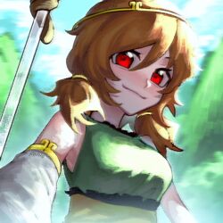Rule 34 | 1girl, brown hair, circlet, closed mouth, detached sleeves, dress, green dress, long hair, looking at viewer, low twintails, monkey tail, multicolored clothes, multicolored dress, red eyes, signature, single detached sleeve, smile, solo, son biten, tail, test tube, touhou, twintails, upper body, white sleeves, xianyujunzhimiyingla, yellow dress