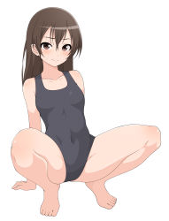 Rule 34 | 1girl, absurdres, barefoot, black hair, black one-piece swimsuit, brown eyes, collarbone, commentary request, flat chest, full body, highres, ito kashiwamochi, long hair, looking at viewer, one-piece swimsuit, original, school swimsuit, simple background, solo, squatting, swimsuit, white background