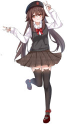 Rule 34 | 1girl, :3, alternate costume, beret, black hat, black thighhighs, black vest, blush, bow, bowtie, brown hair, brown skirt, commentary request, double v, genshin impact, gerbone23, hat, hu tao (genshin impact), jewelry, leg up, long hair, long sleeves, multiple rings, plaid, plaid skirt, red bow, red bowtie, red eyes, red footwear, ring, school uniform, shirt, shoes, simple background, skirt, solo, star-shaped pupils, star (symbol), symbol-shaped pupils, thighhighs, thumb ring, twintails, uniform, v, vest, white background, white shirt, zettai ryouiki