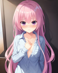 Rule 34 | 1girl, :|, absurdres, blue shirt, blush, breasts, cc lin, closed mouth, collarbone, collared shirt, commentary request, embarrassed, eyelashes, eyes visible through hair, fang, furrowed brow, hair between eyes, hair down, highres, indoors, long hair, long sleeves, looking at viewer, mitsukasa ayase, no bra, nose blush, open mouth, pink eyes, pink hair, purple eyes, riddle joker, shirt, sidelocks, skin fang, small breasts, solo, sweatdrop, very long hair
