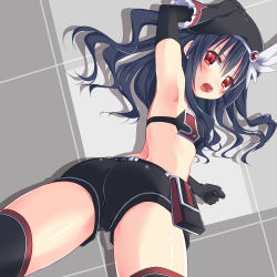Rule 34 | 10s, 1girl, arm up, armpits, ass, beret, black gloves, black hair, blush, choujigen game neptune mk2, clenched hand, from behind, from below, gloves, grey background, hand on headwear, hat, long hair, looking back, minagi, neptune (series), open mouth, red eyes, shorts, silhouette, solo, sweatdrop, uni (neptunia)