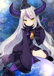 Rule 34 | 1girl, animal, animal on head, ascot, bird, bird on head, braid, collar, crow, demon girl, demon horns, grin, highres, hololive, holox, horns, la+ darknesss, looking at viewer, metal collar, multicolored hair, on head, pointy ears, purple hair, purple legwear, single leg pantyhose, sleeves past fingers, sleeves past wrists, smile, solo, streaked hair, striped horns, tousen, virtual youtuber, wide sleeves, yellow ascot, yellow eyes