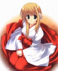 Rule 34 | 00s, 1girl, android, blonde hair, blue eyes, blush, bow, breasts, closed mouth, dutch angle, full body, green eyes, hakama, hakama skirt, hands on lap, japanese clothes, kneeling, light smile, long sleeves, looking at viewer, medium breasts, miko, mitsumi misato, obi, official art, on floor, red hakama, robot ears, sash, seiza, sidelocks, silfa (to heart), sitting, skirt, smile, solo, to heart (series), to heart 2, to heart 2 ad, wide sleeves, wooden floor