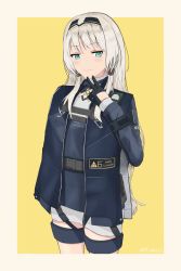 Rule 34 | 1girl, absurdres, an-94, an-94 (girls&#039; frontline), assault rifle, blonde hair, blue eyes, blue jacket, blue vest, blunt bangs, blush, border, braid, buckle, closed mouth, clothes writing, cowboy shot, fingers to chin, french braid, girls&#039; frontline, gun, hair ornament, hair ribbon, hairband, hairclip, half-closed eyes, hand on own chin, highres, jacket, kisui, long hair, long sleeves, looking at viewer, open clothes, open jacket, outside border, ribbon, rifle, sidelocks, smile, tactical clothes, thigh strap, thighs, tsurime, twitter username, very long hair, vest, weapon, white hair