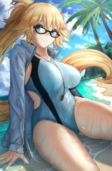 Rule 34 | 1girl, beach, black-framed eyewear, black hairband, blue hairband, blue jacket, blue one-piece swimsuit, braid, clothing cutout, competition swimsuit, fate/grand order, fate (series), glasses, gloves, hairband, highleg, highleg swimsuit, highres, hood, hooded jacket, ippers, jacket, jeanne d&#039;arc (fate), jeanne d&#039;arc (ruler) (fate), jeanne d&#039;arc (swimsuit archer) (fate), jeanne d&#039;arc (swimsuit archer) (second ascension) (fate), long hair, navel cutout, one-piece swimsuit, palm tree, ponytail, single braid, sitting, solo, swimsuit, tree, very long hair, whistle, whistle around neck, white gloves, white jacket, white one-piece swimsuit