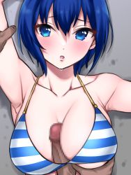 Rule 34 | 1boy, 1girl, :o, arm grab, arm up, armpits, bare arms, bare shoulders, barikatamen, bikini, blue bikini, blue eyes, blue hair, blush, boy on top, breasts, censored, cleavage, collarbone, commentary, dark-skinned male, dark skin, dolphin wave, grabbing, grabbing another&#039;s breast, grey background, hair between eyes, halterneck, hand up, hetero, highres, large breasts, looking at viewer, lying, mosaic censoring, on back, paizuri, paizuri under clothes, parted lips, penis, pov, pov hands, shadow, short hair, solo focus, straddling paizuri, striped bikini, striped clothes, sweat, swimsuit, tearing up, tojou michiru, underboob