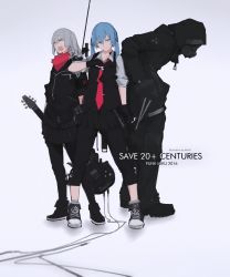 Rule 34 | 10s, 1boy, 2016, 2girls, alternate costume, arm at side, artist name, black footwear, black gloves, black pants, black ribbon, black skirt, black vest, blue eyes, blue hair, cable, character name, closed mouth, clothes writing, collared shirt, commentary, cross-laced clothes, cross-laced footwear, drumsticks, electric guitar, full body, gas mask, gloves, gradient background, grey eyes, grey hair, guitar, hair between eyes, hair ribbon, hand in pocket, hatsune miku, hood, instrument, leaning forward, legs apart, long hair, looking at viewer, mask, microphone, miniskirt, miv4t, multiple girls, necktie, open mouth, original, pants, pants under skirt, pleated skirt, red necktie, red scarf, ribbon, scarf, shirt, shoes, short sleeves, skirt, sleeves rolled up, sneakers, socks, standing, twintails, vest, vocaloid, white legwear, white shirt