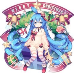 Rule 34 | 1girl, ahoge, ao jun, ark order, bell, black bow, black choker, black ribbon, blue eyes, blue hair, boots, bow, candy, candy cane, character doll, choker, christmas, food, fur-trimmed boots, fur trim, gift, golden slime (ark order), hair bow, hair flaps, long hair, looking at viewer, merry christmas, official art, oversized clothes, red bow, red footwear, ribbon, sitting, slime (ark order), snowflakes, solo, sparkle, striped clothes, striped thighhighs, sweater, tachi-e, tentacle hair, thighhighs, transparent background, very long hair, white sweater, wreath