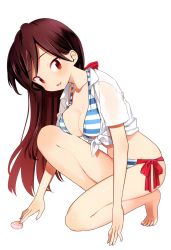Rule 34 | 1girl, :d, a channel, absurdres, bare legs, bare shoulders, barefoot, bikini, blush, bow, breast press, breasts, cleavage, collarbone, feet, front-tie top, full body, halterneck, highres, kuroda bb, long hair, looking at viewer, medium breasts, nishi yuuko, official art, on one knee, open clothes, open mouth, open shirt, ponytail, red bow, red eyes, red hair, scan, seashell, see-through, shell, shirt, short sleeves, side-tie bikini bottom, simple background, smile, solo, striped bikini, striped clothes, swimsuit, toes, tsurime, very long hair, wet, wet clothes, wet shirt, white background, white bow, white shirt