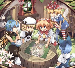 Rule 34 | 6+girls, american flag dress, american flag legwear, antennae, black hair, blonde hair, blue dress, blue eyes, blue hair, bow, butterfly wings, chestnut mouth, cirno, clownpiece, cup, curtains, dress, drill hair, eternity larva, fairy, fairy wings, flower, frying pan, green dress, hair bow, hair ornament, hat, houshiruri, ice, ice wings, insect wings, jester cap, ladder, leaf, leaf hair ornament, leaf on head, luna child, map, multiple girls, neck ruff, red eyes, star sapphire, sunny milk, tagme, toaster, touhou, tree stump, white dress, white headwear, window, wings, wooden wall, yellow eyes, yellow wings