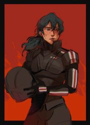 Rule 34 | 1girl, alternate costume, armor, blue eyes, blue hair, byleth (female) (fire emblem), byleth (fire emblem), commentary, crossover, english commentary, fire emblem, fire emblem: three houses, hair between eyes, helmet, highres, holding, holding helmet, jawli, looking to the side, mass effect (series), mass effect 1, n7 armor, nintendo, science fiction, sketch, solo