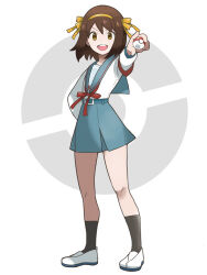 Rule 34 | 1girl, :d, ankle socks, black socks, brown hair, creatures (company), full body, game freak, hairband, hand on own hip, high-waist skirt, holding, holding poke ball, nintendo, open mouth, orange hairband, outstretched arm, parody, poke ball, pokemon, school uniform, skirt, smile, socks, solo, standing, style parody, suzumiya haruhi, suzumiya haruhi no yuuutsu, teeth, upper teeth only, v-shaped eyebrows, white background, white footwear, wind, yoshio tachi