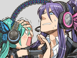Rule 34 | 1boy, 1girl, angry, aqua hair, butterfly hair ornament, butterfly wings, gomoku, gothic lolita, hachune miku, hair ornament, hatsune miku, headphones, headset, insect wings, kamui gakupo, lolita fashion, long hair, magnet (vocaloid), o o, parody, ponytail, purple hair, sweat, twintails, vocaloid, wings