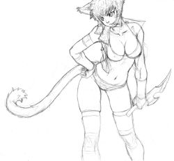 Rule 34 | 00s, 1girl, animal ears, bad id, bad pixiv id, bikini, breasts, cat ears, cat tail, cleavage, final fantasy, final fantasy xi, gochou (kedama), greyscale, knife, large breasts, mithra (ff11), monochrome, short hair, sketch, solo, swimsuit, tail, thighhighs