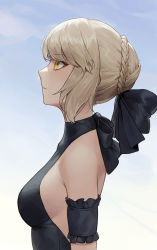 Rule 34 | 1girl, absurdres, arm garter, artoria pendragon (alter swimsuit rider) (fate), artoria pendragon (alter swimsuit rider) (first ascension) (fate), artoria pendragon (fate), bare shoulders, black one-piece swimsuit, blonde hair, blue sky, braid, breasts, cotta (heleif), dress swimsuit, fate/grand order, fate (series), french braid, highres, long hair, medium breasts, one-piece swimsuit, profile, sideboob, sidelocks, sky, solo, swimsuit, yellow eyes