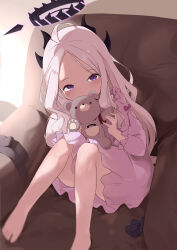 Rule 34 | 1girl, absurdres, ahoge, armchair, barefoot, blue archive, chair, chinese commentary, covering own mouth, demon horns, feet, feet on chair, forehead, grey hair, halo, head tilt, highres, hina (blue archive), holding, holding stuffed toy, horns, knees together feet apart, long hair, looking at viewer, on chair, painnico, pajamas, parted bangs, pink pajamas, purple eyes, sitting, solo, stuffed animal, stuffed toy, teddy bear, toes, unworn socks, very long hair