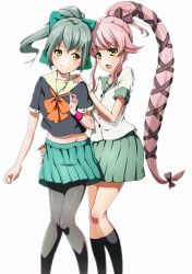 Rule 34 | 2girls, :o, aqua skirt, black footwear, black legwear, boots, bow, buttons, feet out of frame, green bow, green eyes, green hair, green skirt, hair bow, hair flaps, highres, kantai collection, knee boots, long hair, looking at another, midriff, multiple girls, navel, pantyhose, pink hair, pleated skirt, ponytail, school uniform, serafuku, shirt, short sleeves, simple background, skirt, smile, very long hair, white background, white shirt, yellow eyes, yura (kancolle), yuubari (kancolle), zielgigas