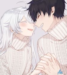 Rule 34 | 1boy, 1girl, ahoge, ao no exorcist, aoirnn, blush, closed eyes, fang, grey background, grey hair, highres, long hair, mole, okumura rin, open mouth, original, pointy ears, signature, simple background, smile, sweater, teeth, turtleneck, turtleneck sweater, upper teeth only, white sweater