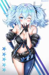 Rule 34 | 1girl, ;d, arm behind back, bare shoulders, black gloves, black jacket, blue eyes, blue hair, blue legwear, blush, breasts, cleavage, cowboy shot, fingers to mouth, girls&#039; frontline, gloves, grin, groin, highres, jacket, looking at viewer, medium breasts, medium hair, midriff, navel, one eye closed, open mouth, pa-15 (girls&#039; frontline), silver hair, smile, solo, twintails, ubi (ekdus6080)