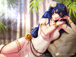 Rule 34 | 1girl, alternate breast size, bare arms, blue eyes, blue hair, breasts, cleavage, dress, esther shen, fire emblem, fire emblem awakening, fire emblem heroes, flower, head wreath, large breasts, long hair, looking at viewer, lucina (fire emblem), lucina (valentine) (fire emblem), lying, nintendo, official alternate costume, on side, sideboob, sleeveless, smile, solo, thighs, white flower
