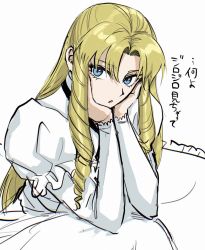 Rule 34 | 1girl, blonde hair, blue eyes, commentary request, dress, drill hair, head rest, highres, konjiki no gash!!, long sleeves, looking at viewer, parted lips, sherry belmont, simple background, solo, tsuki1910, white background, white dress