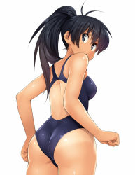 Rule 34 | 1girl, antenna hair, arms at sides, ass, back, bare arms, bare shoulders, black hair, black one-piece swimsuit, blue eyes, breasts, competition swimsuit, cowboy shot, from behind, from below, ganaha hibiki, idolmaster, idolmaster (classic), looking back, looking down, one-piece swimsuit, ponytail, school swimsuit, simple background, small breasts, solo, swimsuit, tan, tanline, thighs, torii yoshitsuna, white background