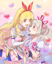 Rule 34 | 2girls, aikatsu!, aikatsu! (series), aikatsu on parade!, blonde hair, blunt bangs, blush, bow, brown eyes, cherico, commentary, dated, elbow gloves, finger to mouth, gasp, gloves, gradient background, hair bow, hair ribbon, hairband, hand on another&#039;s shoulder, hand on own chest, heart, highres, hoshimiya ichigo, idol, kiseki raki, light brown hair, long hair, multiple girls, open mouth, puffy short sleeves, puffy sleeves, red eyes, ribbon, short sleeves, shushing, sidelocks, sideways mouth, signature, skirt, sleeveless, smile, sparkle background, star (symbol), teeth, twintails, upper teeth only, white gloves