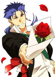 Rule 34 | 1boy, cu chulainn (fate), earrings, fate/stay night, fate (series), flower, formal, jewelry, kon manatsu, cu chulainn (fate/stay night), long hair, male focus, necktie, ponytail, red eyes, red flower, red rose, rose, sexy44, solo, suit