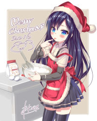 Rule 34 | 10s, 1girl, apron, arm warmers, asashio (kancolle), black hair, black thighhighs, blue eyes, blush, christmas, cream, cream on face, egg, food, food on face, hat, kantai collection, long hair, pikazo, santa hat, short sleeves, solo, suspenders, thighhighs, whisk, zettai ryouiki
