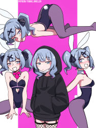 Rule 34 | 1girl, :&lt;, absurdres, animal ears, armpits, arms behind back, artist name, backless leotard, bare shoulders, between legs, black hoodie, black leotard, black ribbon, blue hair, blush, bow, bowtie, breasts, clothing cutout, commentary, cosplay, cowboy shot, cutout above navel, detached collar, drawstring, english commentary, expressionless, fake ad, fishnet thighhighs, fishnets, from side, garter straps, grey pantyhose, groin, hair ornament, hair ribbon, hairband, hand between legs, hatsune miku, hatsune miku (cosplay), heart cutout, highleg, highleg leotard, highres, hood, hood up, hoodie, leotard, long hair, looking at viewer, looking to the side, mask, mouth mask, multicolored hair, multiple views, necktie, no pants, no shoes, nose blush, on ground, paid reward available, pantyhose, patreon username, pillarboxed, pink background, pink bow, pink bowtie, pink hair, pink necktie, pink pupils, pink ribbon, playboy bunny, rabbit ears, rabbit hole (vocaloid), rabbit tail, raised eyebrows, ribbon, shoulder blades, sidelocks, sitting, small breasts, solo focus, spread legs, standing, strapless, strapless leotard, streaked hair, tail, thighhighs, tobias wheller, tongue, tongue out, top-down bottom-up, twintails, two-tone hair, unworn mask, vocaloid, wavy hair, white background, white hairband, x hair ornament