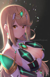 Rule 34 | 1girl, arms at sides, black background, blonde hair, bodysuit, breasts, brown eyes, cleavage, commentary, commentary request, earrings, highres, jewelry, large breasts, long hair, looking at viewer, magister, mythra (xenoblade), nintendo, pout, signature, solo, split mouth, upper body, xenoblade chronicles (series), xenoblade chronicles 2, xenoblade chronicles 2: torna - the golden country
