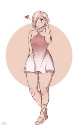 Rule 34 | 1boy, blush, crossdressing, dress, embarrassed, eyelashes, green eyes, heart, highres, jlullaby, looking down, pink hair, shoes, simple background, solo, standing, sweatdrop, thick thighs, thighs, trap, wide hips