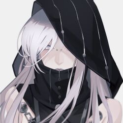 Rule 34 | 1girl, chinese commentary, closed mouth, commentary request, grey background, grey hair, grey pupils, high collar, highres, hood, hood up, long hair, miix777, nose piercing, nox (path to nowhere), path to nowhere, piercing, simple background, solo, upper body, white eyes