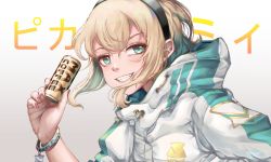 Rule 34 | absurdres, amano pikamee, can, canned coffee, drink can, green eyes, highres, nail polish, nyungsep, virtual youtuber, voms, white background