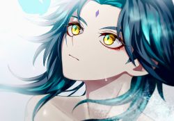 Rule 34 | 1boy, absurdres, bare shoulders, black hair, closed mouth, diamond-shaped pupils, diamond (shape), facial mark, forehead mark, genshin impact, green hair, highres, long hair, looking up, male focus, multicolored hair, parted bangs, portrait, rvve, simple background, slit pupils, solo, steam, symbol-shaped pupils, wet, xiao (genshin impact), yellow eyes