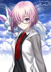 Rule 34 | 1girl, black shirt, breasts, character name, cloud, collar, creature, fate/grand order, fate (series), fou (fate), glasses, hair over one eye, hood, hoodie, jacket, long sleeves, looking at viewer, mash kyrielight, necktie, on shoulder, open clothes, open jacket, pink hair, pocket, purple eyes, red necktie, sakiyamama, shirt, short hair, sky, twitter username, upper body, white collar, white jacket