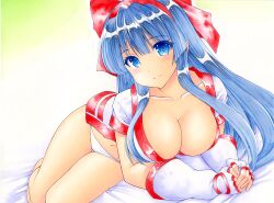 Rule 34 | 1girl, ainu clothes, arm support, bed, blue eyes, blue hair, breasts, cleavage, feet, fingerless gloves, gloves, hair ribbon, large breasts, legs, looking at viewer, lying, nakoruru, navel, panties, ribbon, samurai spirits, seductive smile, smile, snk, solo, the king of fighters, thighs, traditional media, underwear