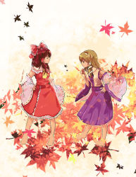 Rule 34 | 2girls, ascot, autumn leaves, barefoot, blue skirt, bow, brown hair, cis (carcharias), closed eyes, closed mouth, detached sleeves, female focus, frilled skirt, frills, frog hair ornament, full body, green hair, hair bow, hair ornament, hair tubes, hakurei reimu, hand on own hip, kochiya sanae, leaf, leaf background, maple leaf, multiple girls, profile, red bow, red ribbon, red skirt, ribbon, ribbon-trimmed sleeves, ribbon trim, short hair, skirt, snake hair ornament, touhou, white sleeves, wide sleeves, yellow ascot