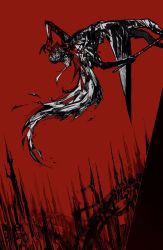 Rule 34 | 1boy, arm up, armor, bad id, bad twitter id, blood, blood on clothes, bloodborne, bloody crow of cainhurst, city, falling, helm, helmet, highres, holding, holding sword, holding weapon, long hair, male focus, mask, nira (nira box), red background, red theme, solo, sword, torn, torn clothes, weapon