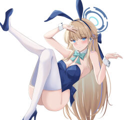 Rule 34 | 1girl, animal ears, aqua bow, aqua bowtie, blonde hair, blue archive, blue bow, blue eyes, blue footwear, blue hair, blue leotard, blunt bangs, blush, bow, bowtie, braid, breasts, closed mouth, commentary request, detached collar, double v, earpiece, fake animal ears, french braid, full body, hair bow, hand up, high heels, highres, leg up, leotard, looking at viewer, medium breasts, mokkon doru, multicolored hair, official alternate costume, partial commentary, playboy bunny, rabbit ears, simple background, solo, strapless, strapless leotard, streaked hair, thighhighs, thighs, toki (blue archive), toki (bunny) (blue archive), v, white background, white thighhighs, wrist cuffs
