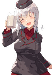 Rule 34 | 1girl, :d, black hat, black jacket, blush, breasts, closed eyes, commentary request, cup, garrison cap, girls und panzer, grey hair, hair between eyes, hat, highres, holding, holding cup, itsumi erika, jacket, kuromorimine military uniform, long hair, long sleeves, medium breasts, nakamura yukitoshi, open mouth, pleated skirt, red shirt, red skirt, shirt, simple background, skirt, smile, solo, white background
