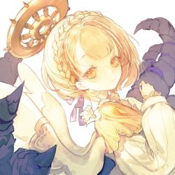Rule 34 | 1girl, angel, blonde hair, blunt bangs, braid, briar rose (sinoalice), closed mouth, expressionless, hair ribbon, halo, long sleeves, looking at viewer, puffy long sleeves, puffy sleeves, ribbon, senryoko, short hair, simple background, sinoalice, solo, thorns, white background, wings, yellow eyes