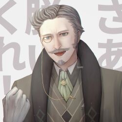 Rule 34 | 1boy, artist name, ascot, clenched hand, facial hair, fire emblem, fire emblem: three houses, gloves, grey eyes, grey hair, hand up, hanneman von essar, highres, long sideburns, male focus, monocle, mustache, nintendo, open mouth, pochiz0, short hair, sideburns, solo, white gloves