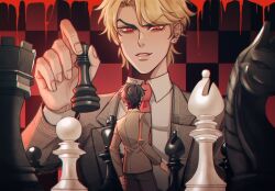 Rule 34 | 2boys, aged down, bishop (chess), blonde hair, blood, blue hair, board game, chess, chess piece, chessboard, commentary request, dio brando, ear birthmark, hako iix07, holding, jacket, jojo no kimyou na bouken, jonathan joestar, knight (chess), long sleeves, looking at another, male focus, multiple boys, pawn (chess), phantom blood, queen (chess), red eyes, rook (chess), shirt, short hair, smile