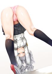 Rule 34 | 10s, 1girl, ass, black socks, blush, breasts, cameltoe, crotch seam, female focus, gloves, hews, high heels, highres, kantai collection, kashima (kancolle), kneehighs, kneepits, large breasts, looking at viewer, panties, pink panties, silver hair, simple background, skirt, smile, socks, solo, stretching, top-down bottom-up, underwear, uniform, white background, white gloves