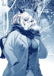 Rule 34 | 1girl, artoria pendragon (fate), artoria pendragon (lancer alter) (fate), braid, breasts, coat, crown, fate/grand order, fate (series), highres, horns, ishida akira, large breasts, long hair, long sleeves, looking at viewer, monochrome, outdoors, parted lips, scarf, snow, snowing, solo