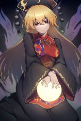 Rule 34 | 1girl, black dress, black headwear, blonde hair, chinese clothes, chinese commentary, closed mouth, dress, energy, fingernails, hair between eyes, highres, junko (touhou), long hair, long sleeves, looking at viewer, phoenix crown, red eyes, shishui guima, solo, tabard, touhou, wide sleeves