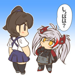 Rule 34 | 2girls, azur lane, boots, brown eyes, brown hair, chibi, comic, cross, crossover, full body, gloves, gradient background, grey hair, hair between eyes, hair ornament, hand to own mouth, hisahiko, iron cross, jacket, japanese clothes, kaga (kancolle), kantai collection, lowres, military, military uniform, multiple girls, orange eyes, outline, pleated skirt, prinz eugen (azur lane), side ponytail, skirt, standing, star-shaped pupils, star (symbol), symbol-shaped pupils, thighhighs, translated, twintails, two side up, uniform, white outline